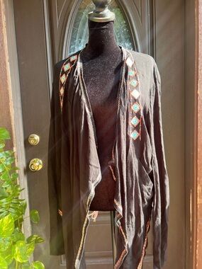 Rock & Roll Cowgirl Black Sweater with Turquoise & Orange Embroidered Trim